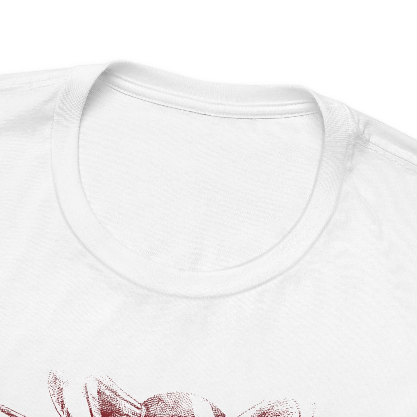 Alt: Hollow Mask Hero Anime Shirt on white, neckline close-up, premium stitching by Snapping Turtle Gallery