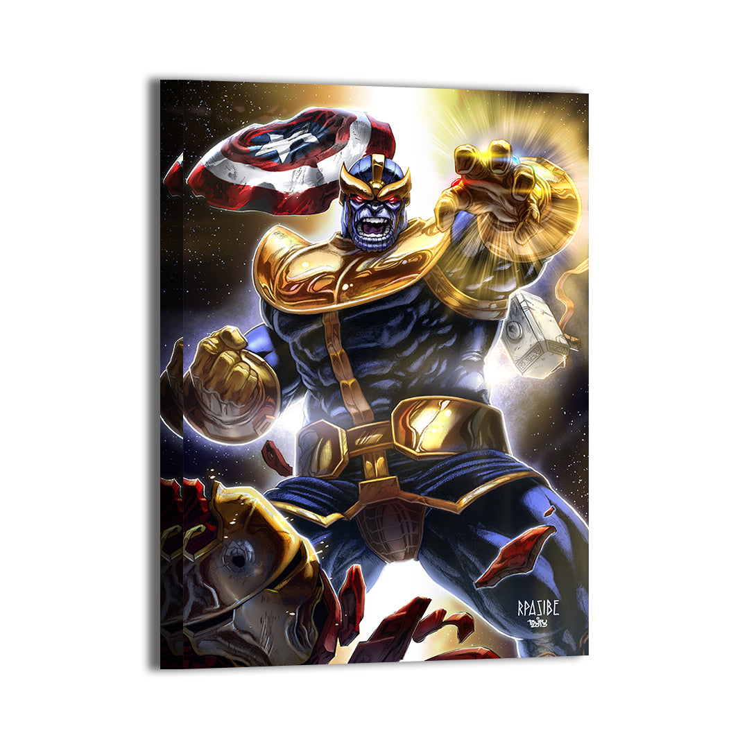 24x36 metal print showing thanos crushing heroes in epic scene