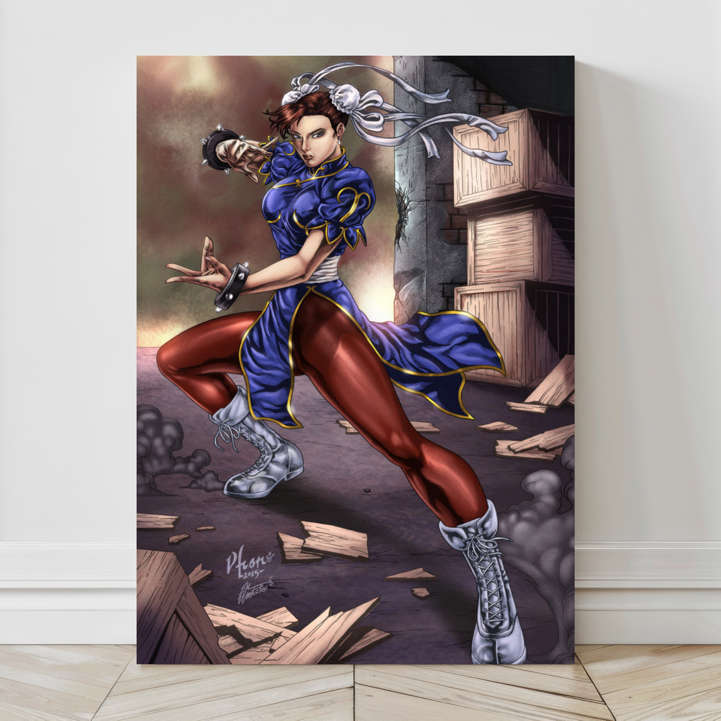 Large 24x36 canvas artwork of Chun-Li in action stance, perfect for gaming décor.