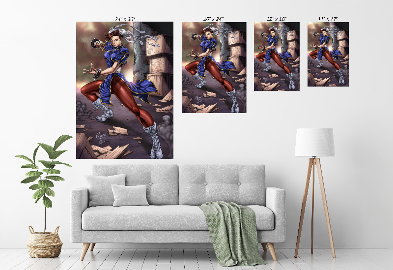 Bold Size Chart acrylic print showcasing Chun-Li’s power and agility in stunning resolution.