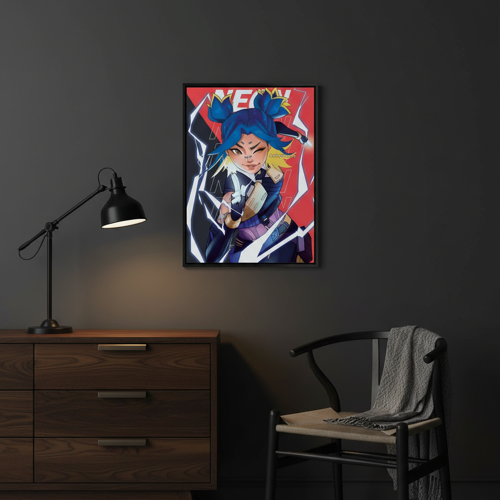 Neon artwork in dark moody room