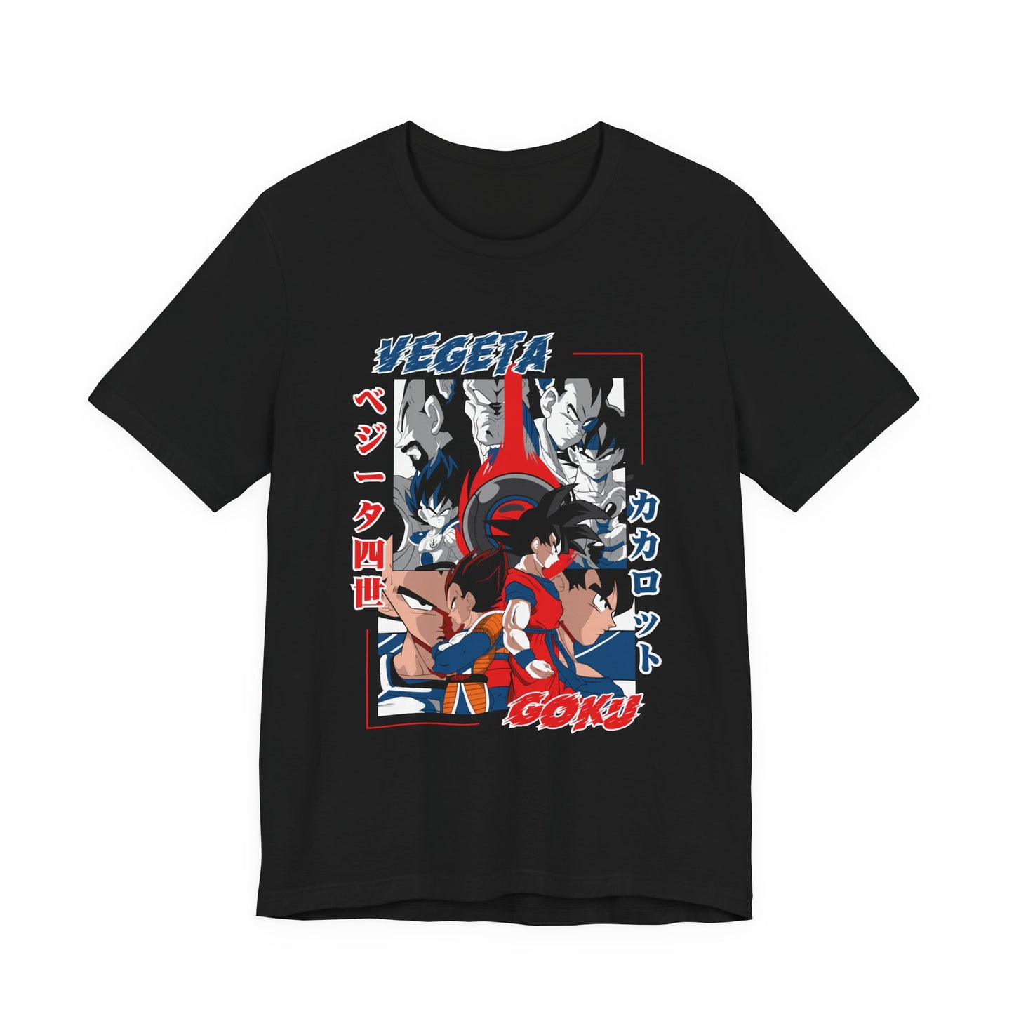 Alt: Saiyan Rivals Anime Shirt on black, angled front view, anime streetwear by Snapping Turtle Gallery