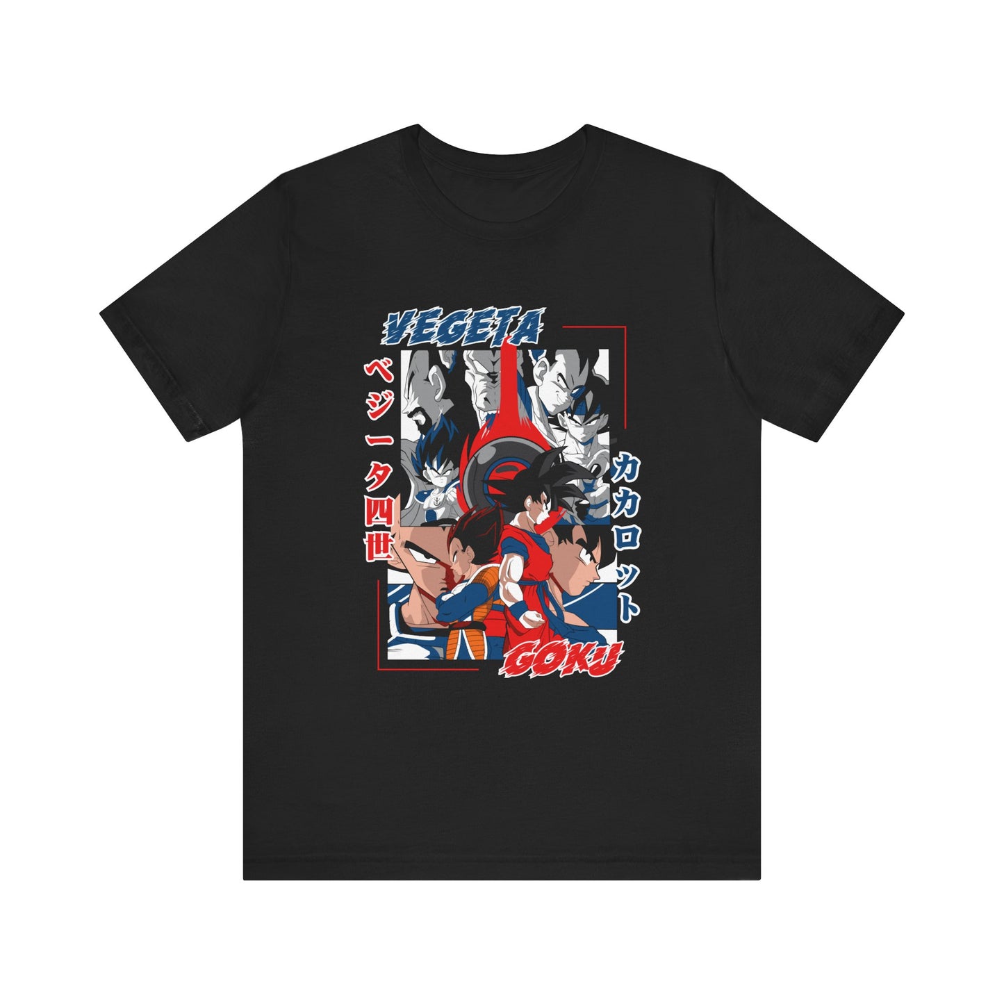 Alt: Saiyan Rivals Anime Shirt printed on black, front view, anime apparel by Snapping Turtle Gallery
