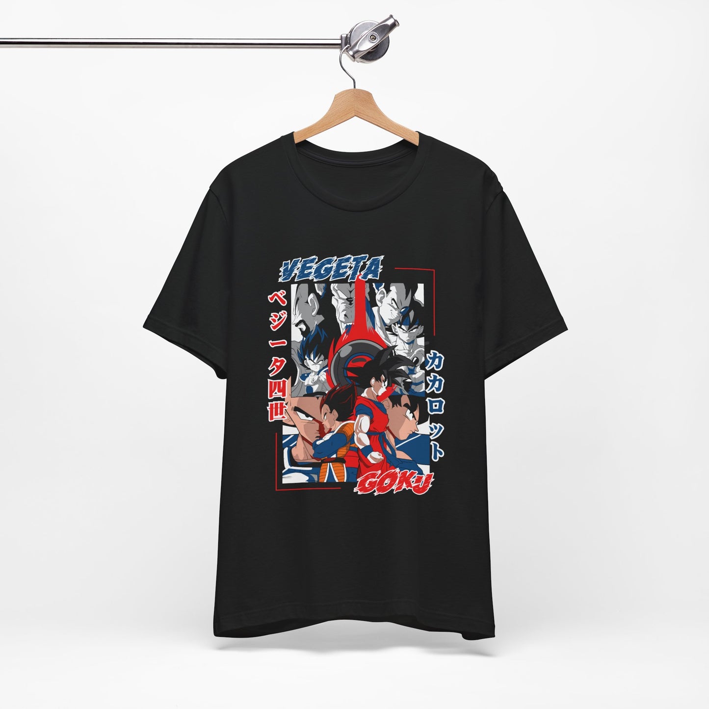 Alt: Saiyan Rivals Anime Shirt on black, hanging front, anime apparel by Snapping Turtle Gallery