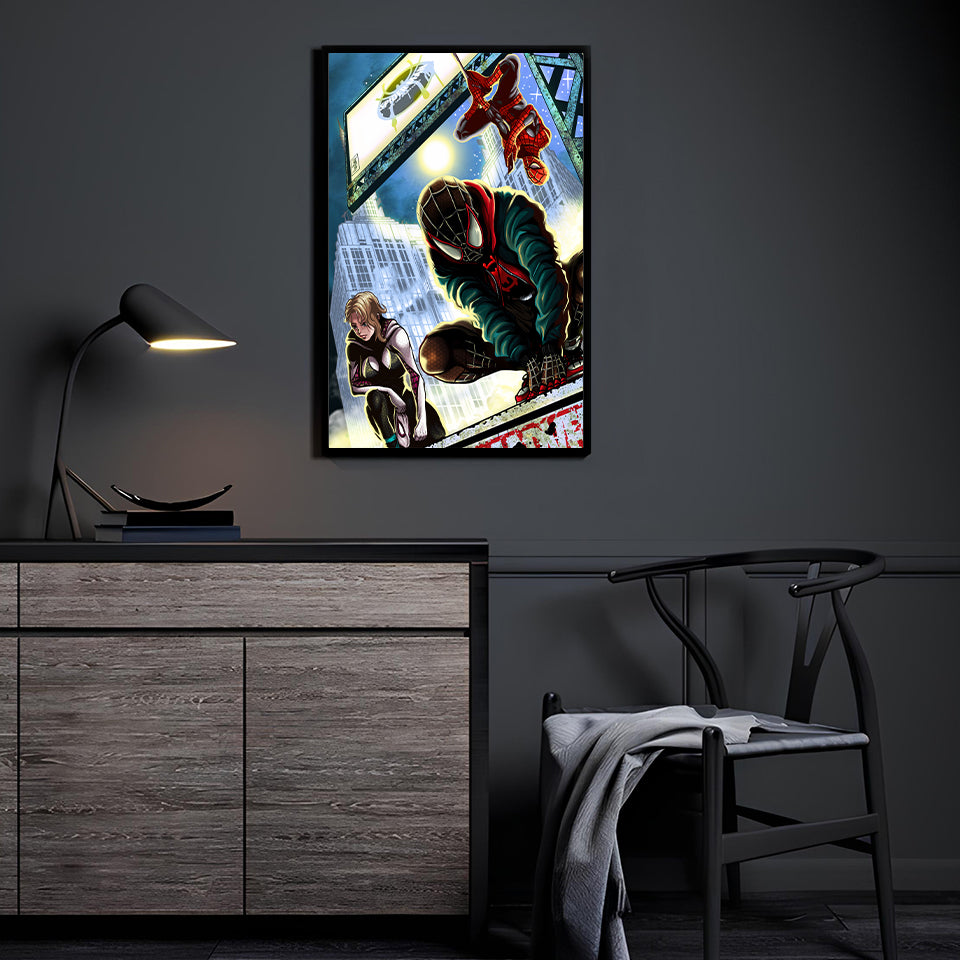 spider verse poster print featuring miles morales and gwen stacy 11x17