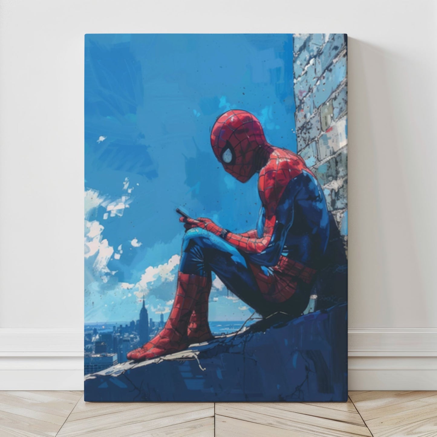 Spidey Peaceful Skylight Wall Art on premium canvas, acrylic, and metal – front view featuring Spiderman texting on a rooftop