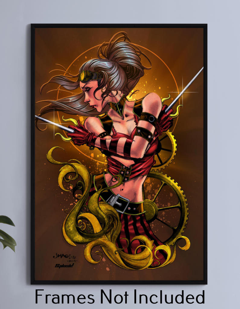 “Steampunk Elektra Wall Art – Iron Vow in brass armor and red sash, on canvas, acrylic, or metal.”