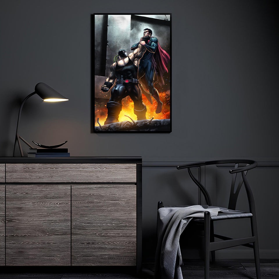 Titan Clash Superhero Wall Art Poster 24x36 – Superman vs Bane battle, fiery backdrop, bold comic-style display