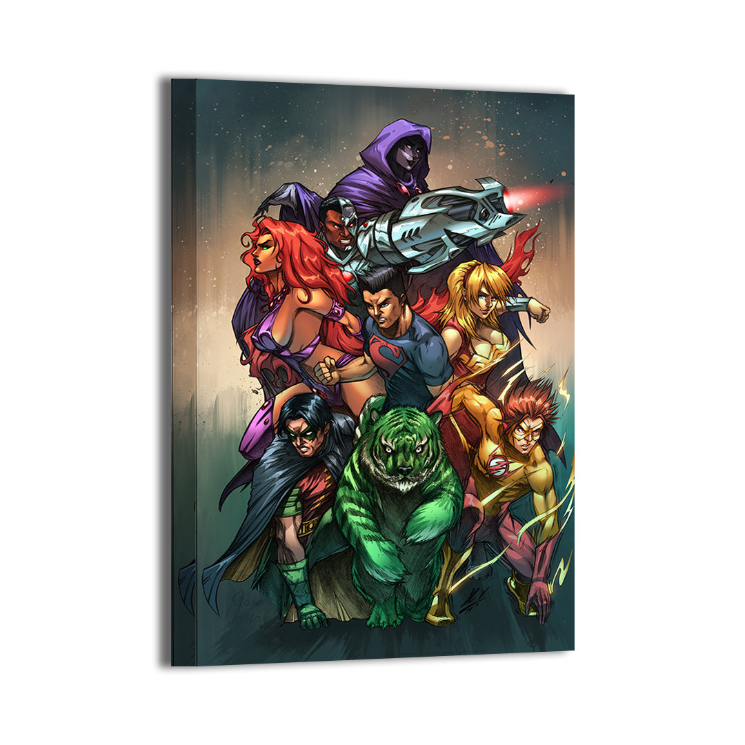 24x36 canvas artwork featuring teen titans hero team in action pose