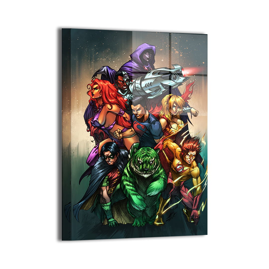 24x36 metal wall art of full teen titans team in dynamic comic style