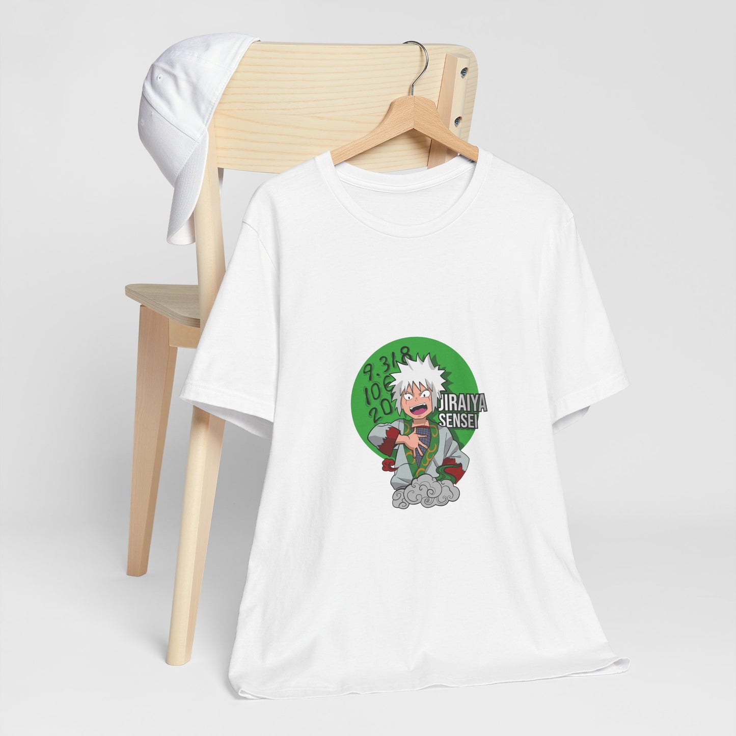 Alt: Toad Sage Sensei Anime Shirt on white, hanging on chair with cap, lifestyle display by Snapping Turtle Gallery