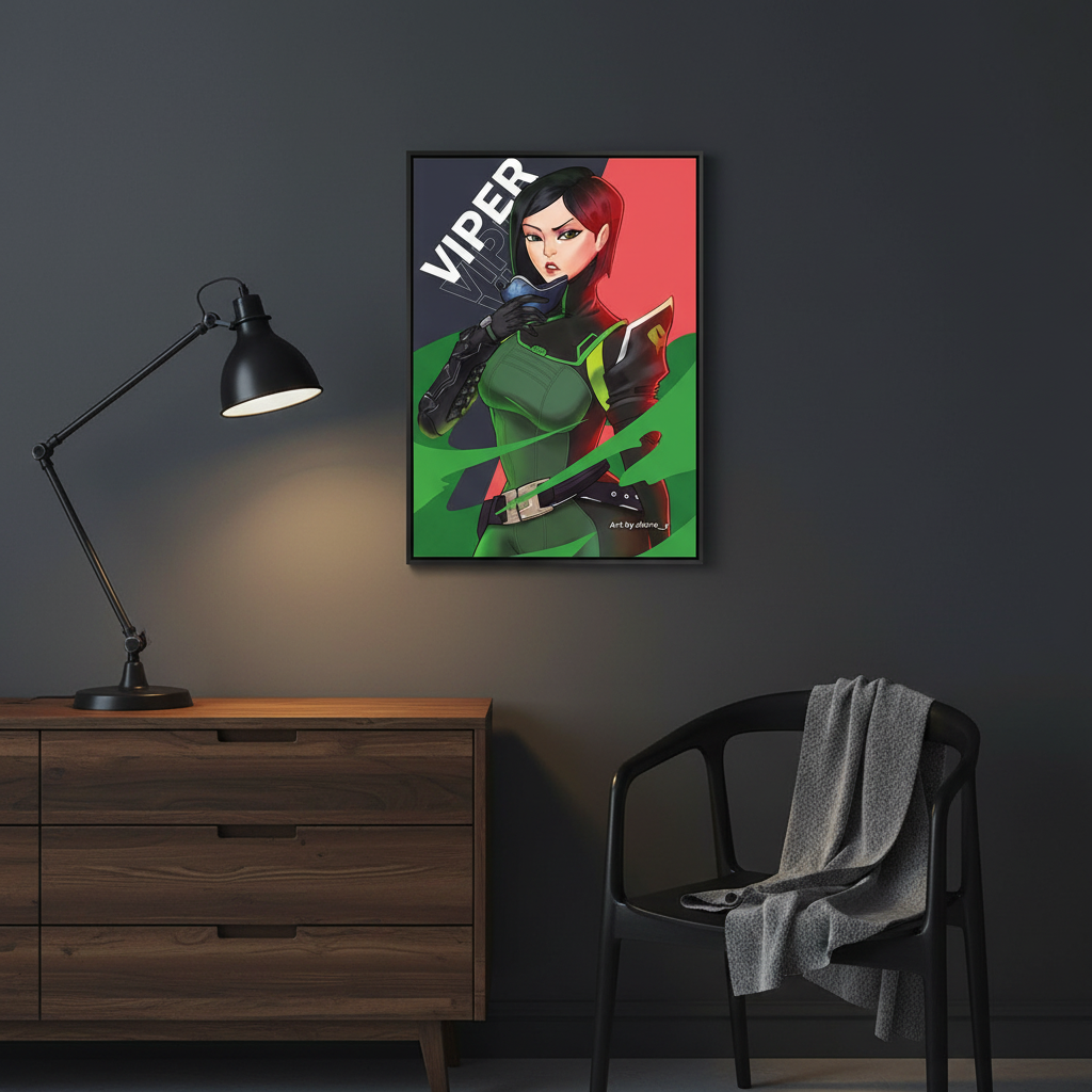 Viper artwork in dark moody room