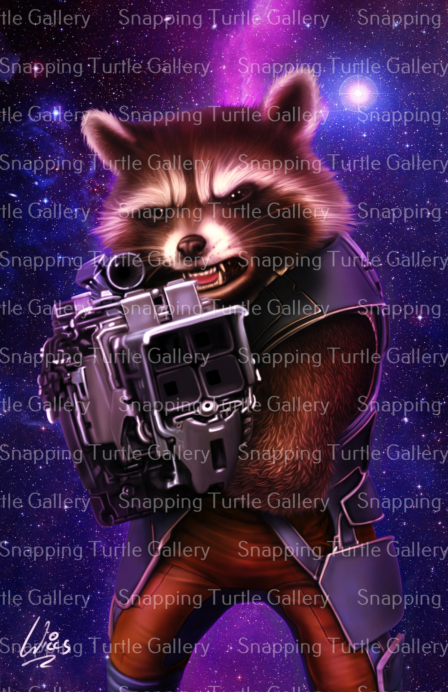 "Trash Panda Tactics – Rocket Raccoon Wall Art on canvas, acrylic, and metal – front view featuring Rocket armed with blasters in battle stance."