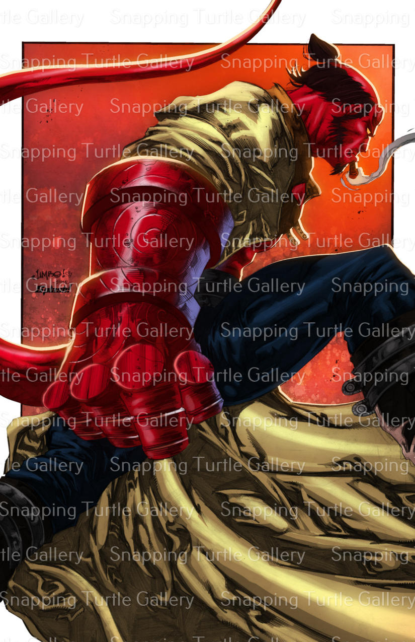 Lifestyle Shot: Hellboy art print in a dramatic home theater or modern collector’s room