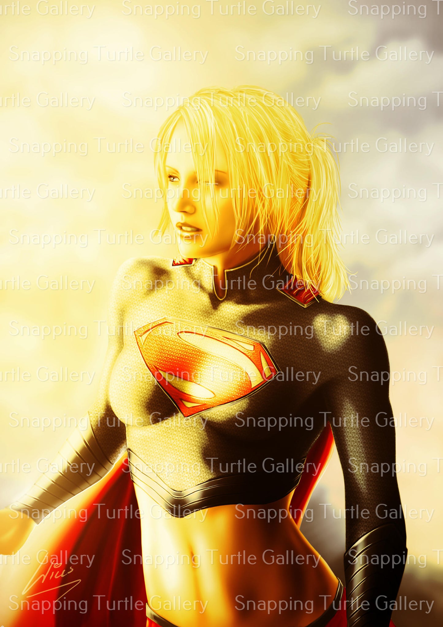 "Solar Ascension – Supergirl Wall Art on canvas, acrylic, and metal – Supergirl with sunlight on her face, eyes closed, peaceful and radiant."