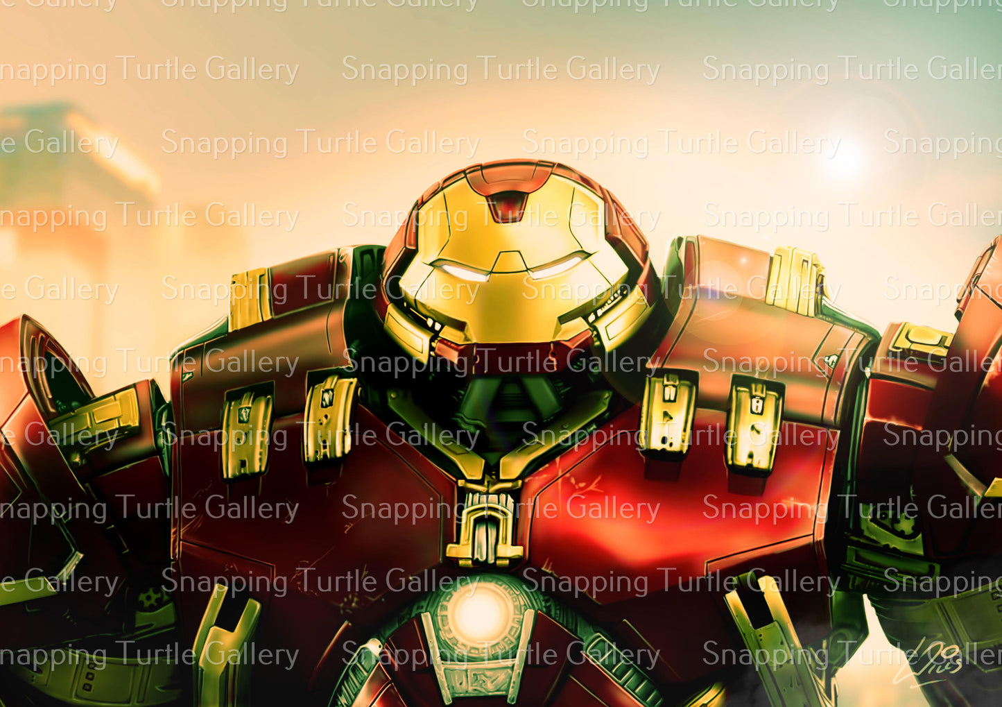 "Titan Protocol – Hulkbuster Wall Art on canvas, acrylic, and metal – Hulkbuster Iron Man armor in action pose, glowing with energy."
