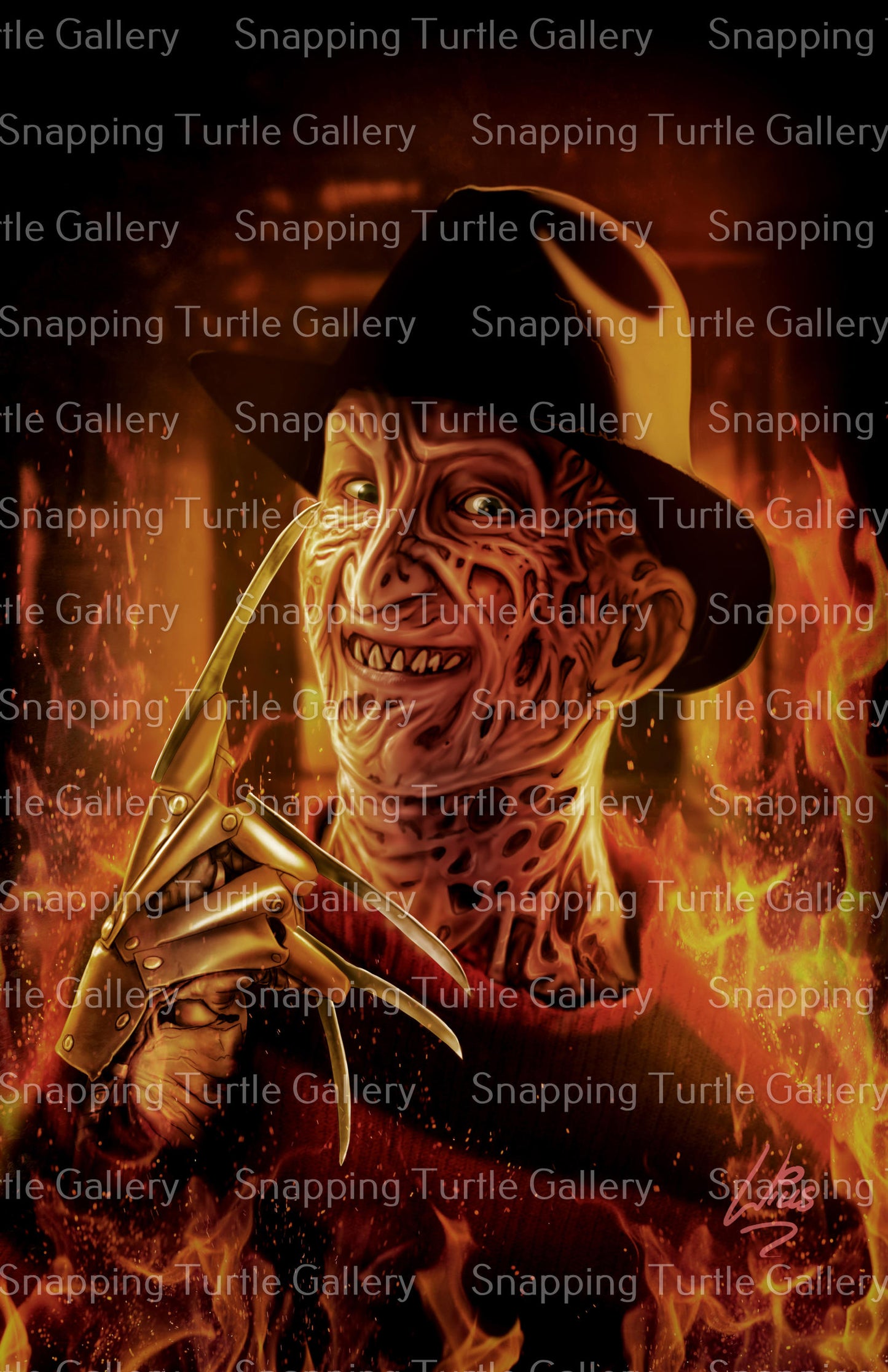 "Dream Reaper – Freddy Krueger Wall Art on canvas, acrylic, and metal – Freddy with clawed glove and fedora in a dark, ominous scene."