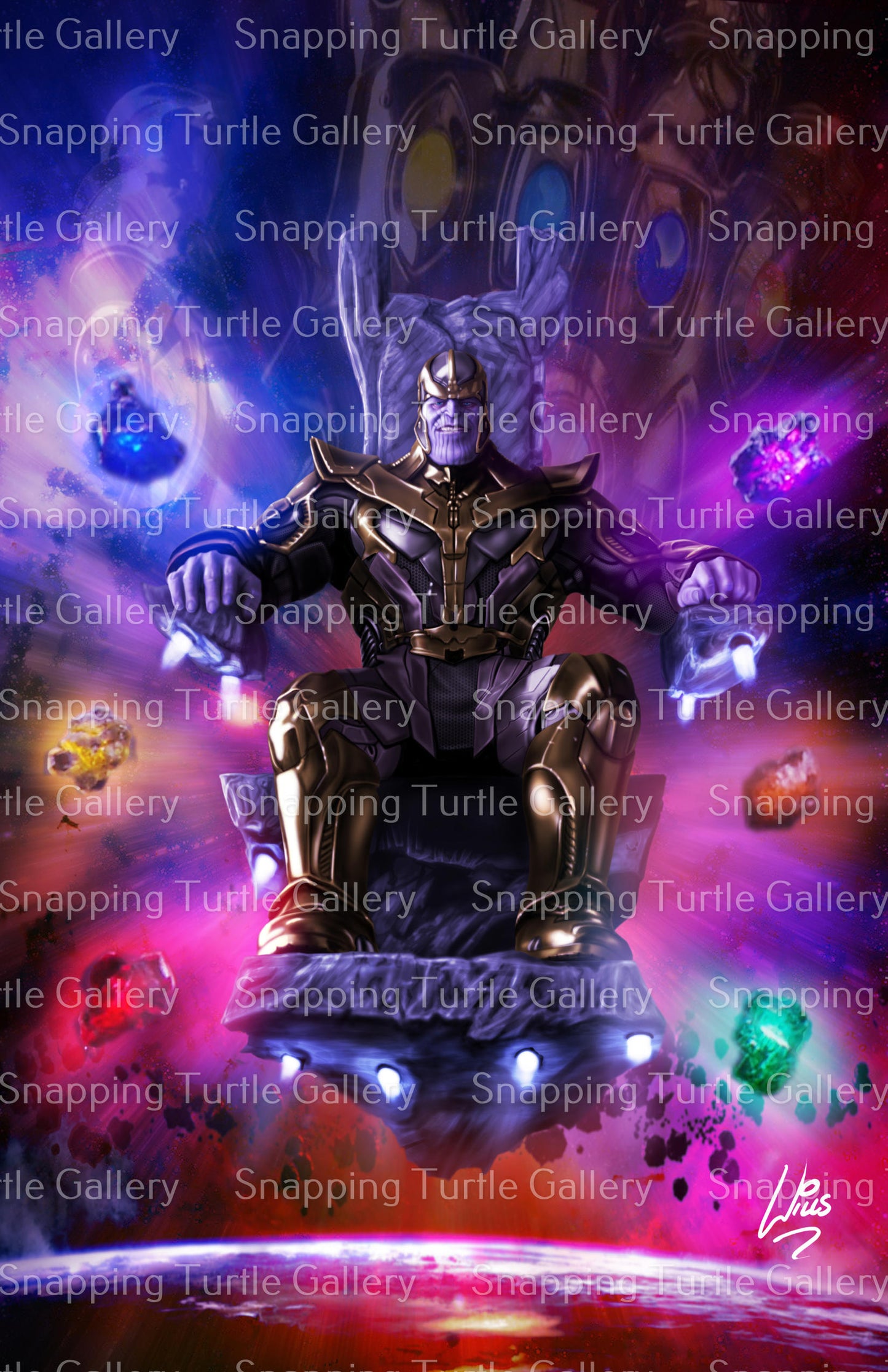 "Infinity Reign – Thanos Wall Art on canvas, acrylic, and metal – Thanos seated on throne with glowing Infinity Gauntlet."
