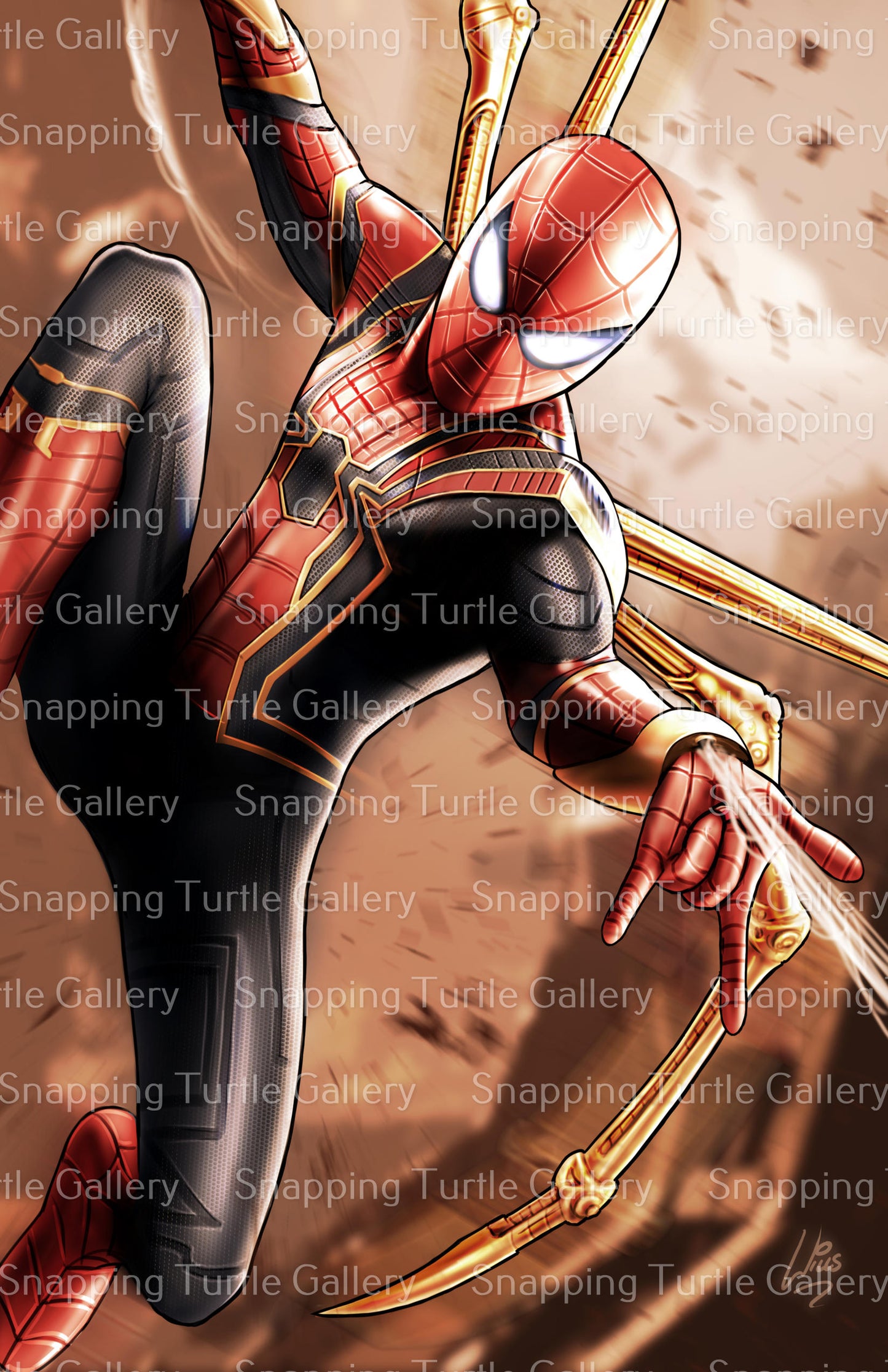 "Iron Instinct – Iron Spider-Man Wall Art on canvas, acrylic, and metal – Iron Spider suit from Avengers in an action-ready pose."