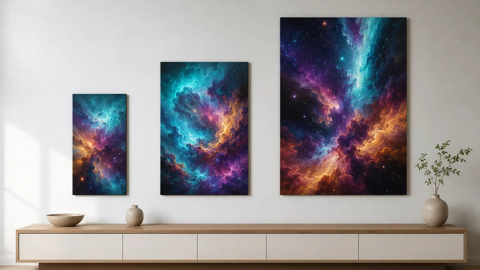 Relative scale of 12 by 18, 16 by 24, and 24 by 36 wall art