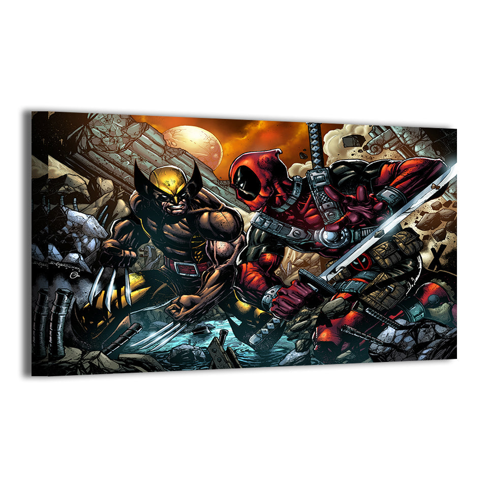 Deadpool and Wolverine wall art print showing epic team-up battle scene - available in canvas, metal, and acrylic