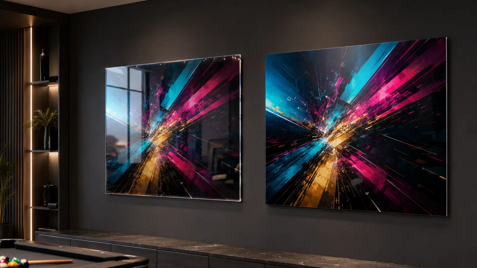 Acrylic and metal wall art panels compared side by side in a modern room