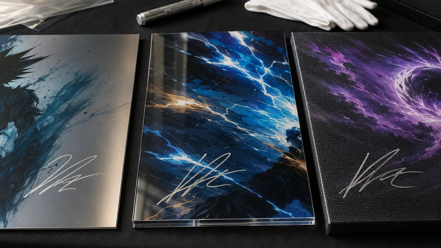 Signed metal, acrylic, and canvas wall art surfaces compared