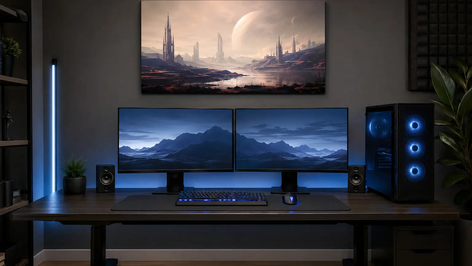 Balanced 24 by 36 inch wall art placement above a gaming desk