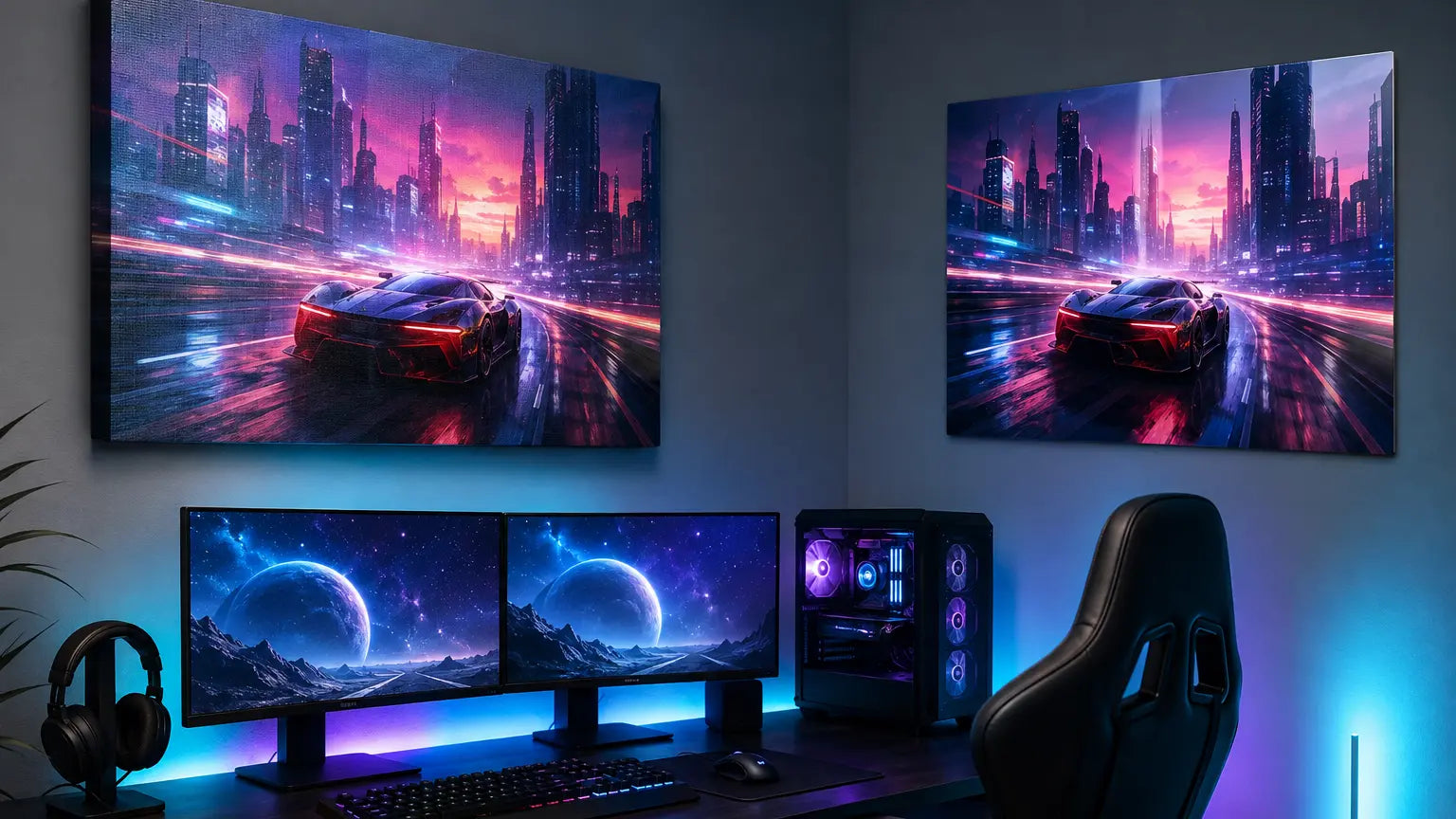 Canvas and metal prints compared above an RGB gaming desk