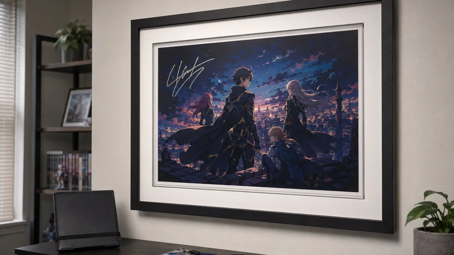 Signed anime-style artwork displayed with a mat and protective glazing