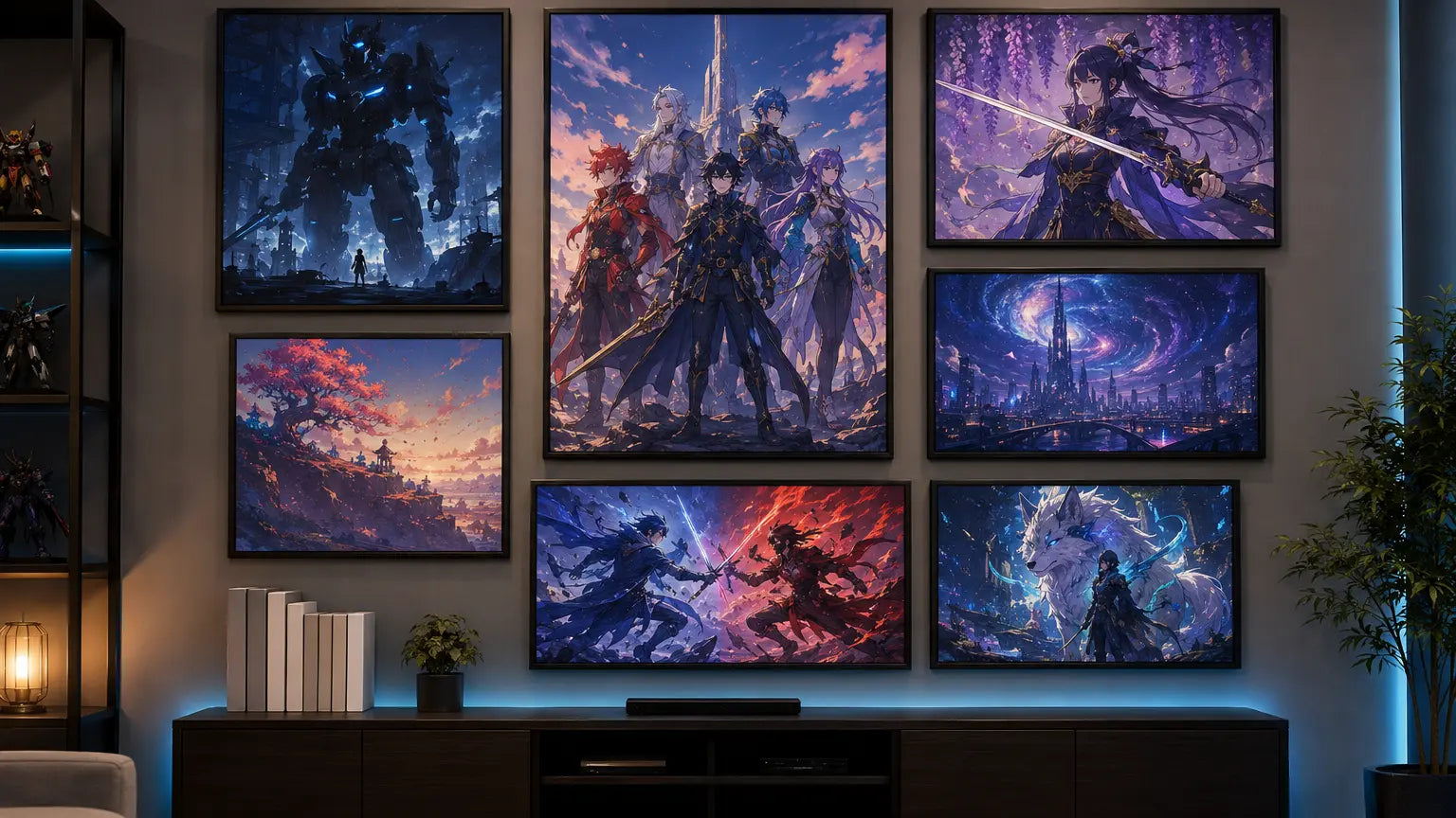 Seven-piece anime-inspired gallery wall arranged above a media console