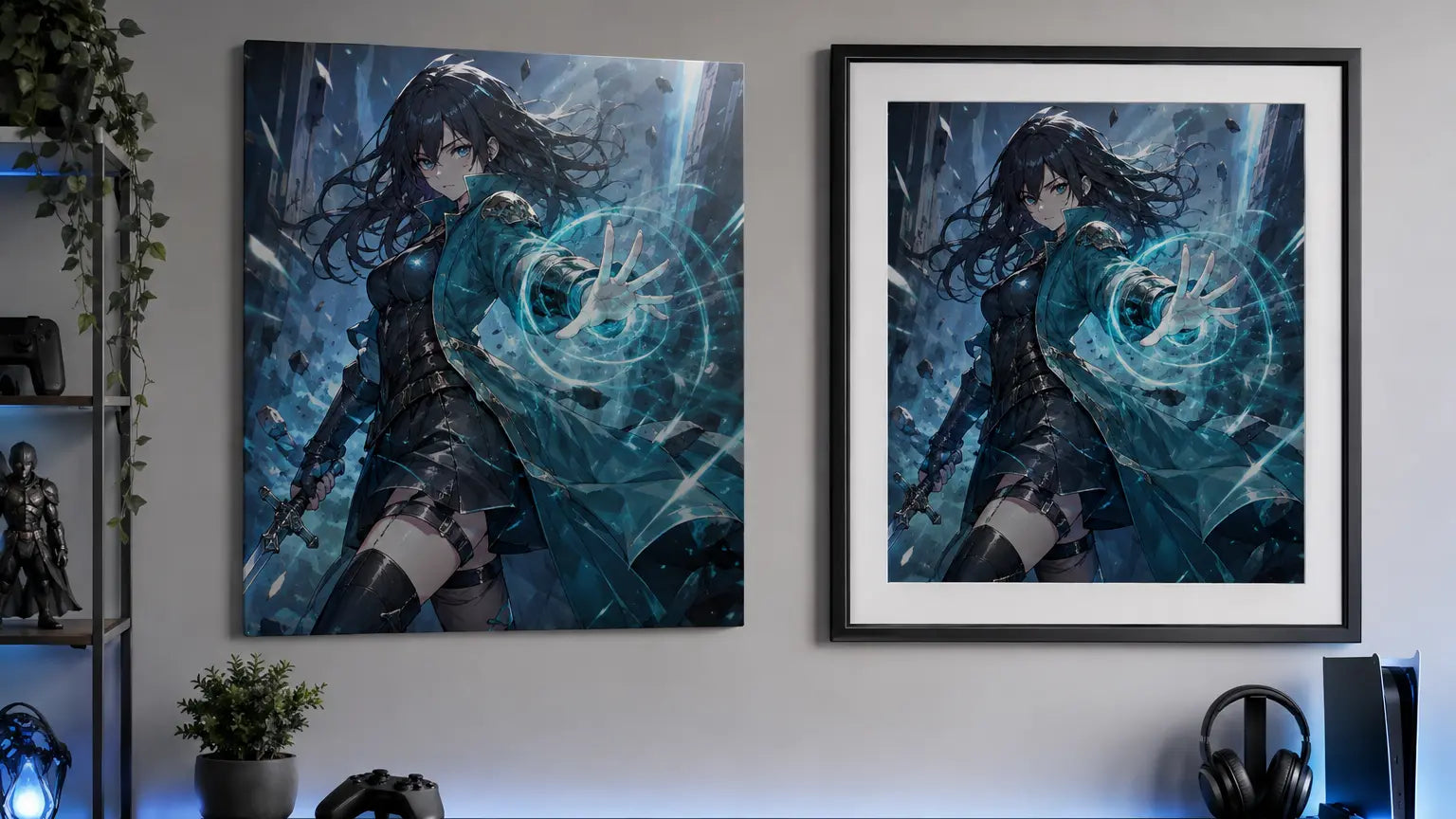Anime-style artwork compared as a metal print and framed paper poster