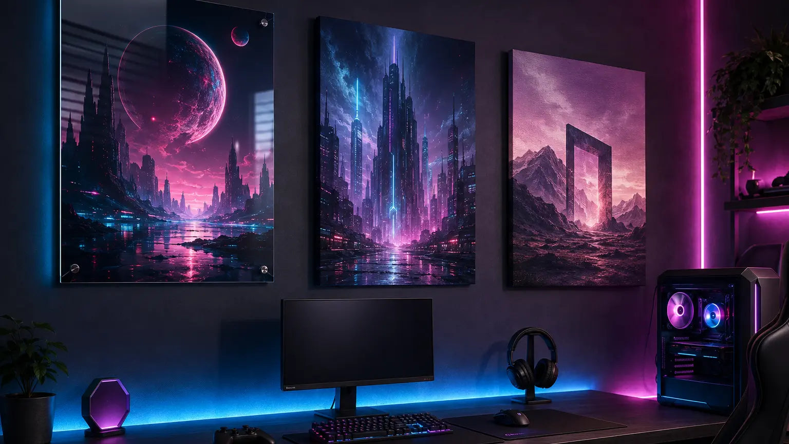 Acrylic, metal, and canvas wall art displayed in an RGB gaming room