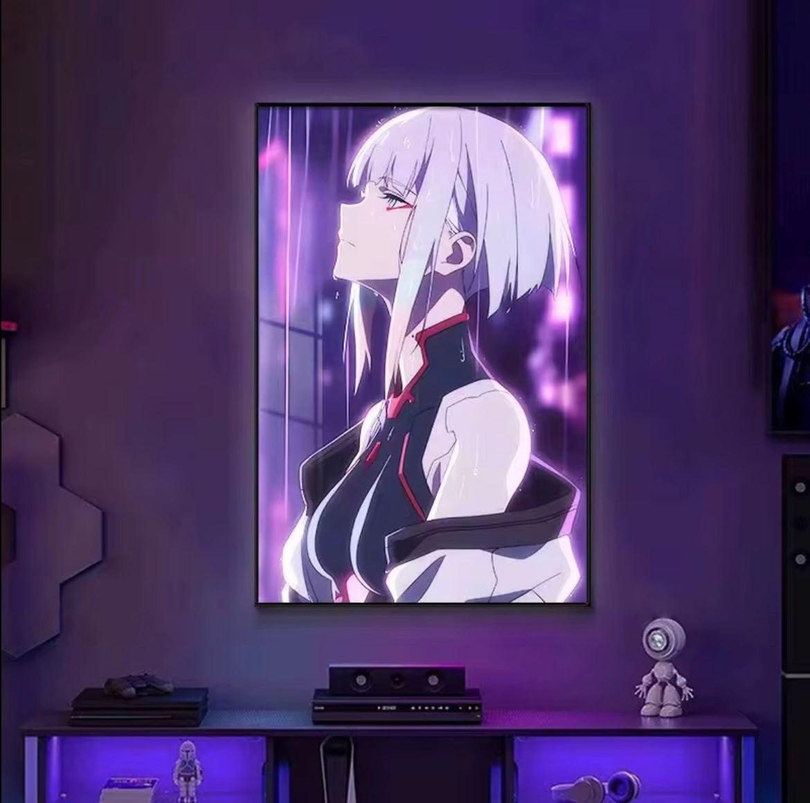 Framed anime acrylic print with LED lightbox, displayed on a modern wall in dark room décor.