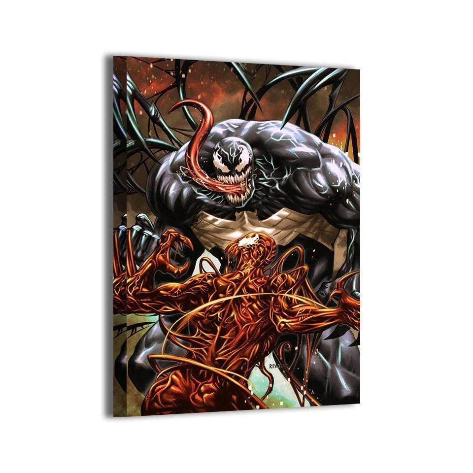 Catalog display mockup of Symbiote Showdown, with Venom above Carnage amid tangled tendrils.