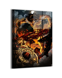 Attack on Titan wall art collection featuring Eren, Mikasa, Levi, Survey Corps posters, canvas, metal, and acrylic prints