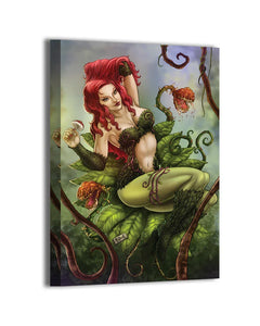 Anime-style wall art of a red-haired woman with plant-like costume, surrounded by vines
