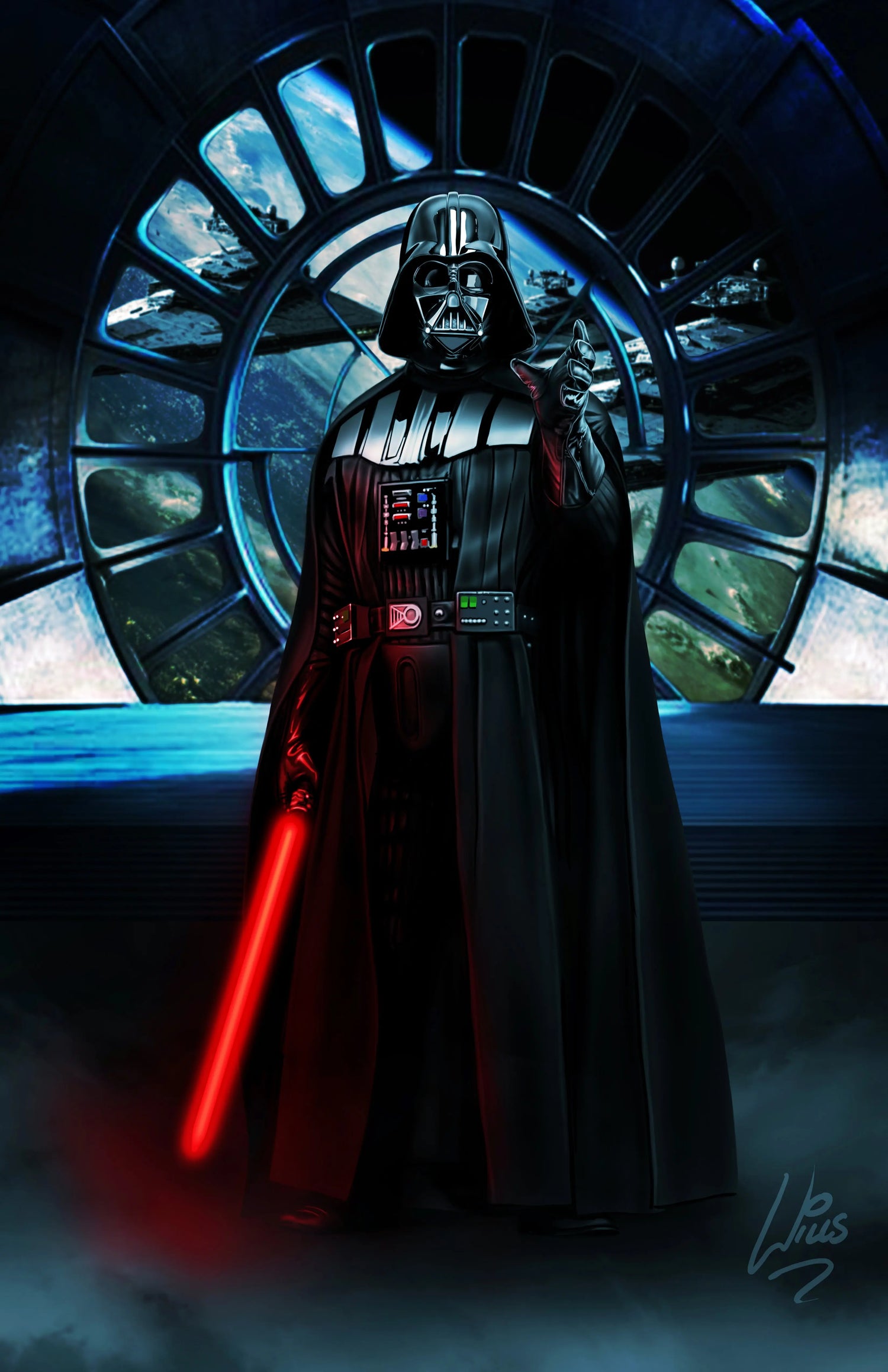 Close-up of Dark Ascendancy – Lord Vader Wall Art showcasing Vader’s helmet, cape folds, and saber glow in dramatic lighting.