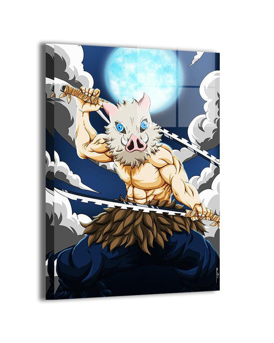 King of the Mountains Wall Art featuring Inosuke Hashibira charging with both serrated swords beneath a full moon, artwork by Emmanuel Centeno.