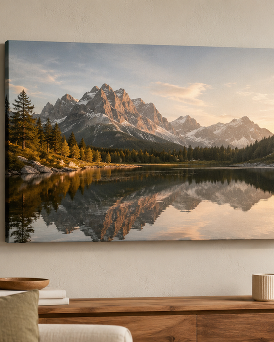 Custom canvas print displayed in a warm living room with a traditional gallery-style presentation
