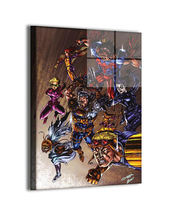 X-Force X-Men wall art featuring Cable, Domino, Warpath, Boom Boom, Cannonball, Shatterstar, and Feral by Geebo Vigonte.