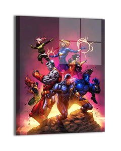 Group artwork of multiple mutant heroes in dynamic action poses with vivid colors and comic-style detail.
