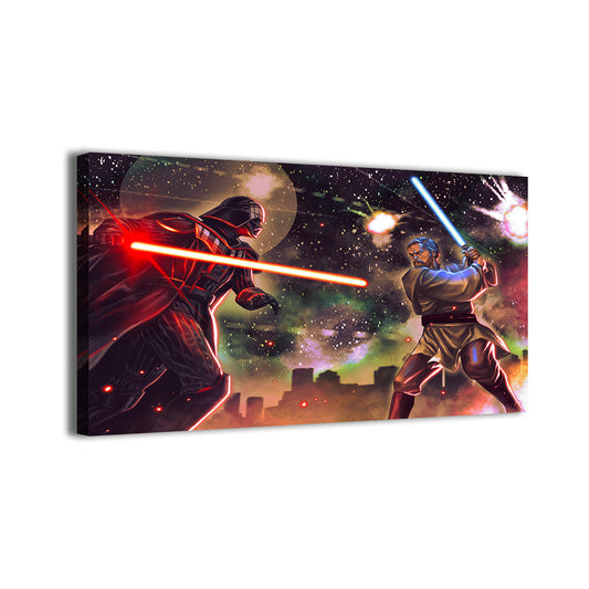 Canvas—cosmic lightsaber clash with dramatic glow effects; artwork by Ryan Pasibe.