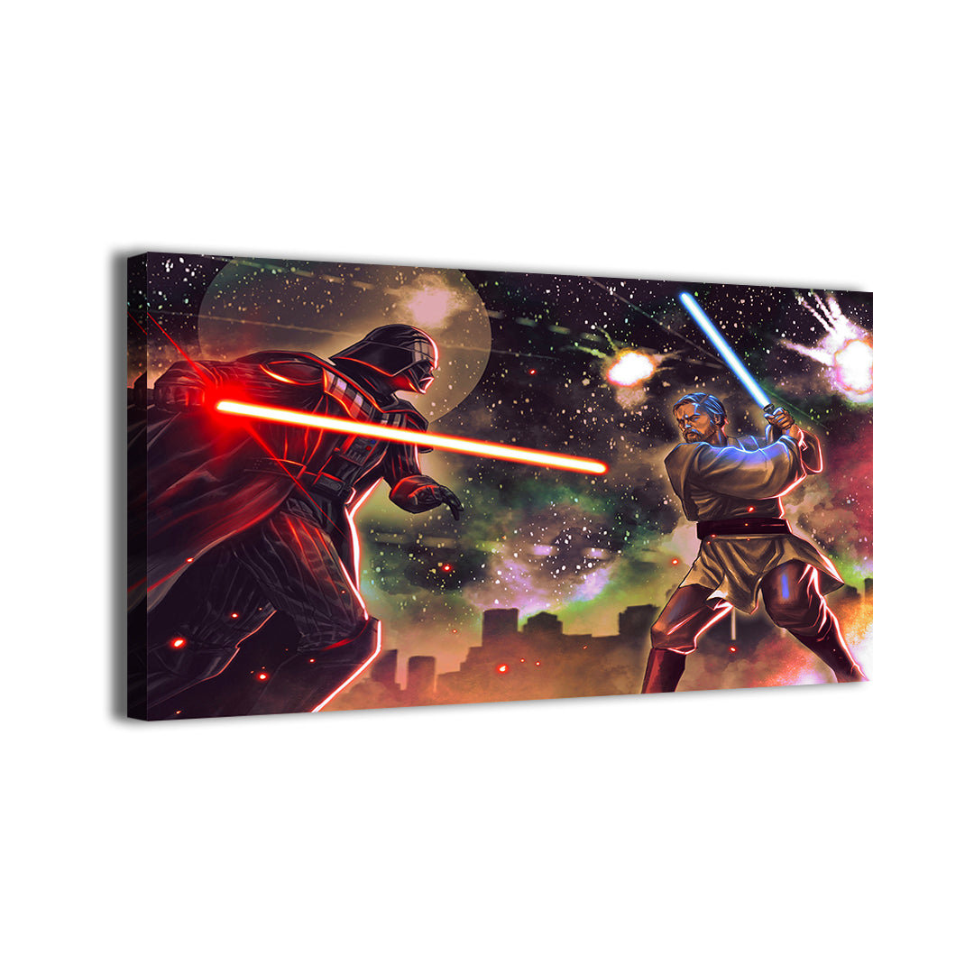 Canvas—cosmic lightsaber clash with dramatic glow effects; artwork by Ryan Pasibe.