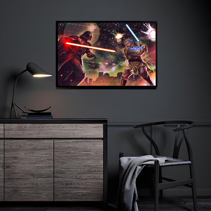 Star-Wars–inspired Jedi vs Sith duel—blue and red sabers amid starry sky; art by Ryan Pasibe.