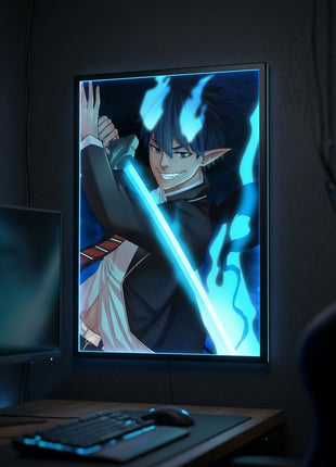 Rin Okumura Blue Flame Duel wall art in a gaming-desk mockup with blue accent lighting