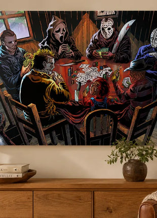 Acrylic wall art in an entertainment den: Michael Myers, Ghostface, Jason Voorhees, Pinhead, Leatherface, Chucky and Freddy Krueger playing poker.
