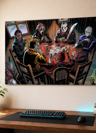 Acrylic wall art in a gaming room: Michael Myers, Ghostface, Jason Voorhees, Pinhead, Leatherface, Chucky and Freddy Krueger playing poker.