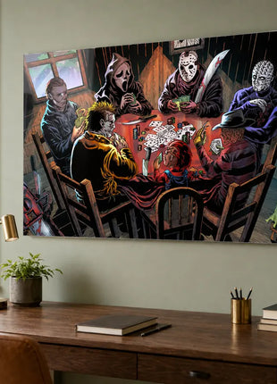 Acrylic wall art in a home office: Michael Myers, Ghostface, Jason Voorhees, Pinhead, Leatherface, Chucky and Freddy Krueger playing poker.