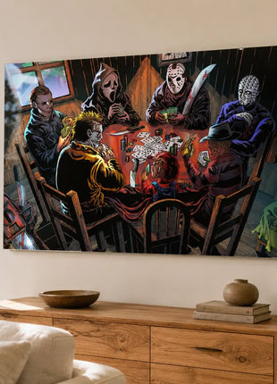 Acrylic wall art in a living room: Michael Myers, Ghostface, Jason Voorhees, Pinhead, Leatherface, Chucky and Freddy Krueger playing poker.